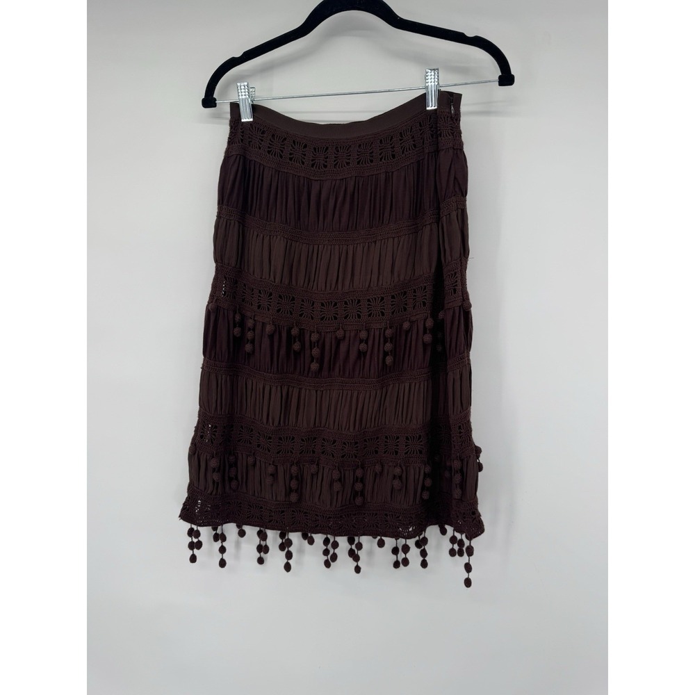 Trina Turk Los Angeles Brown Y2K silk Skirt‎ Pom Pom trim festival artsy boho - Picture 9 of 10
